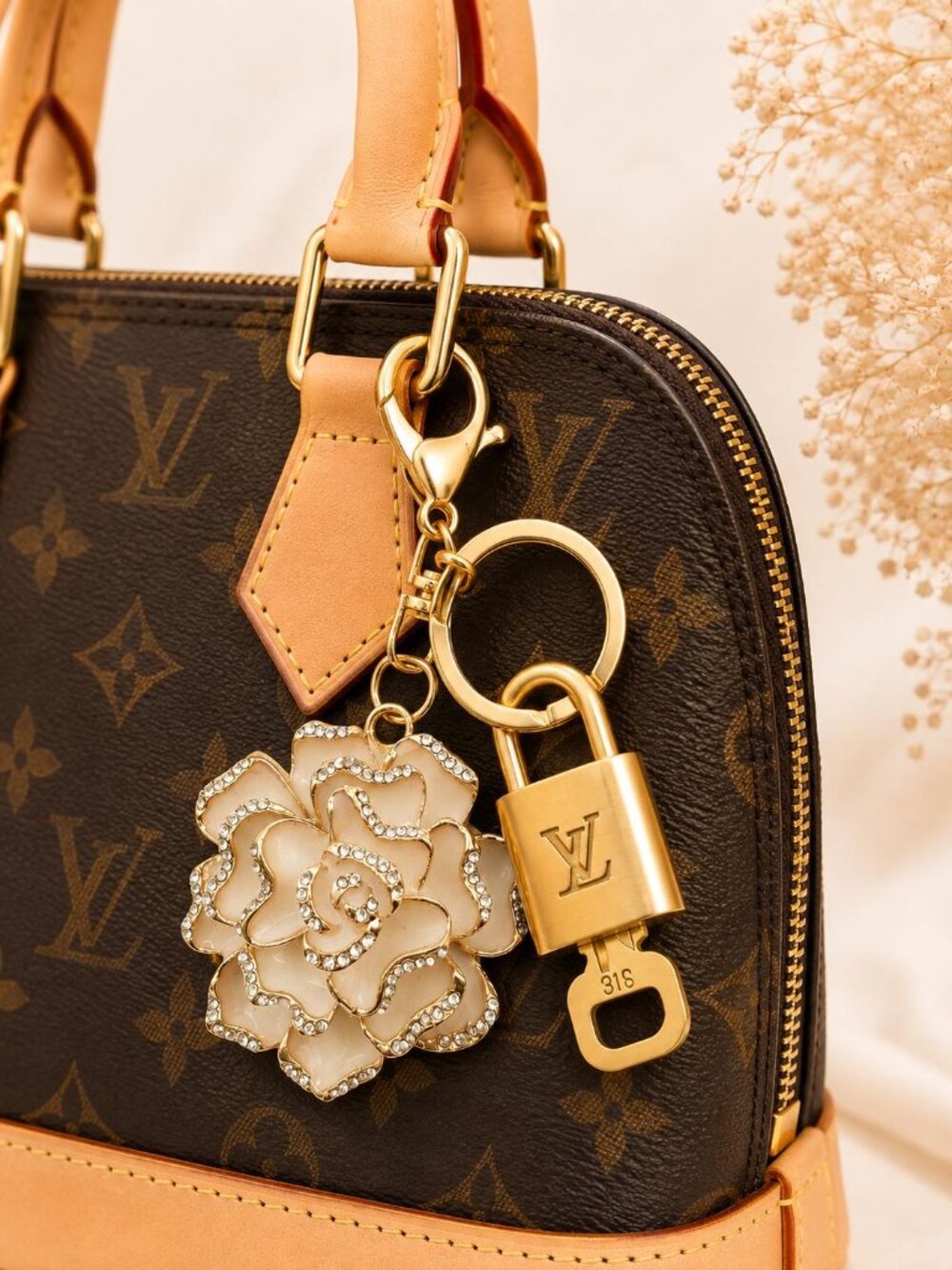 Authentic Louis Vuitton Gold Lock & Key ✨ Unbranded Flower Bag Charm Keychain